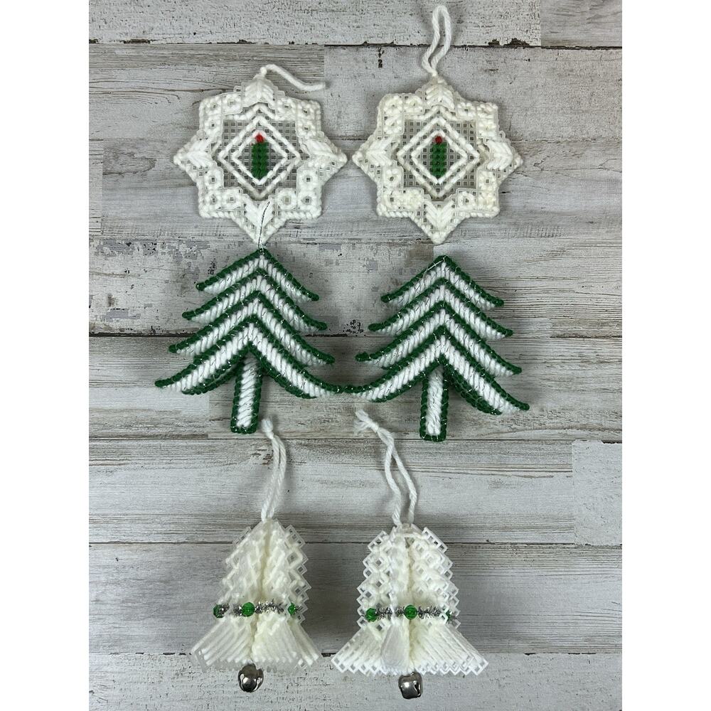 Vintage Handmade Christmas Ornaments Lot 6 Plastic Canvas Bells Trees Snowflakes